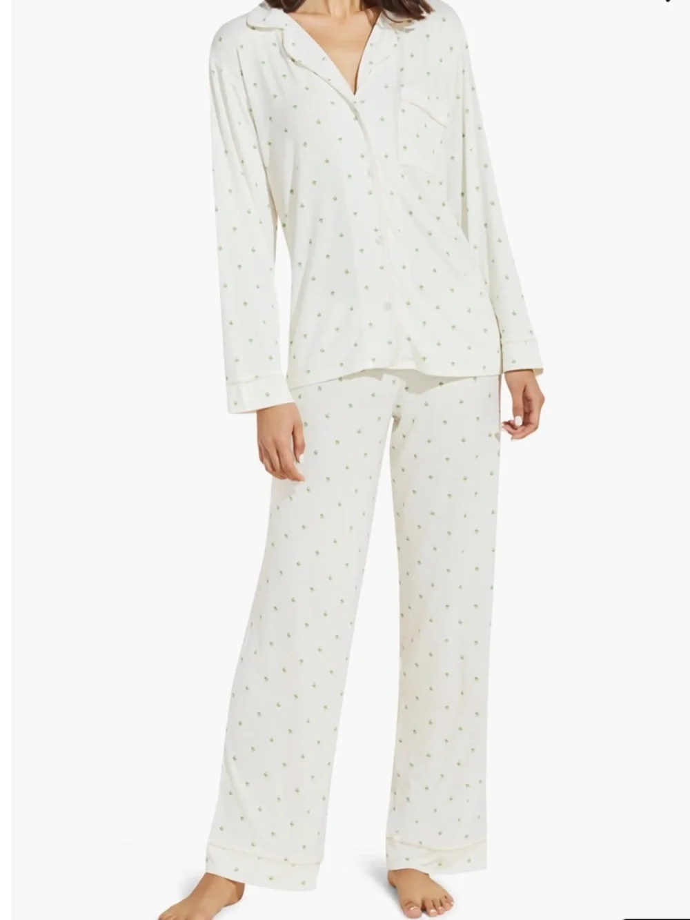 Eberjey Giving Palm Modal Pajama Set Long PJ Set Pink Cream Green Size M Set - Picture 2 of 5